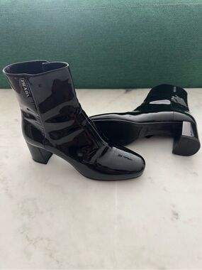Prada Black Patent Leather Mid-Heel Ankle Boots